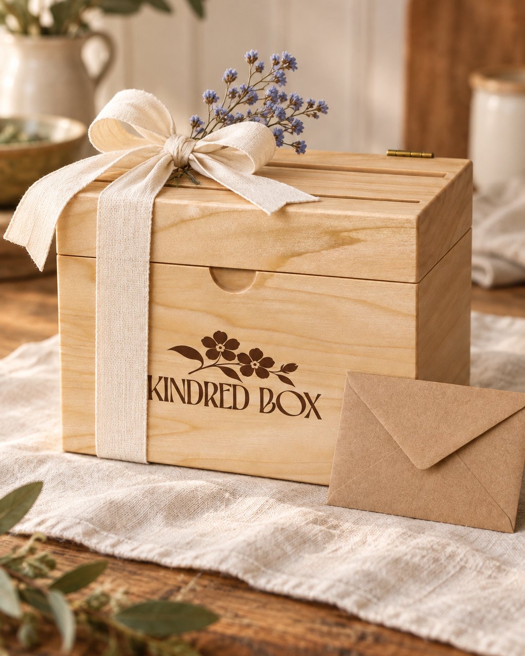 Kindred Recipe Box tied with ribbon beside a kraft envelope