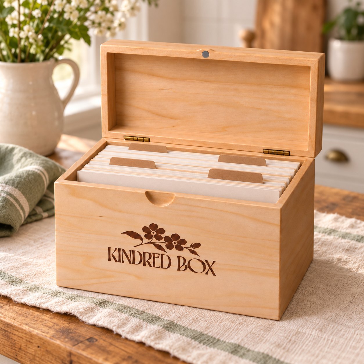 The Kindred Recipe Box open, filled with recipe cards